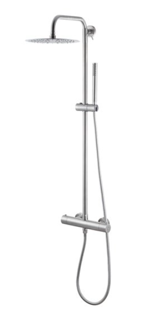 Colonne de douche X-Steel, mitigeur de douche thermostatique 1/2" E 150 mm, tête de douche ronde ø 250 mm, pomme de douche type bâton, tuyau flexible, avec raccords excentriques 1/2"x3/4", Couleur 50.050 acier inox