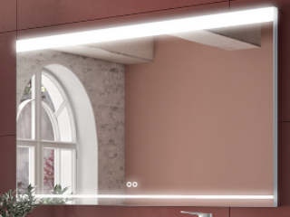 Miroir 2 lignes sablées, dim.1200x700hx31mm, éclairage led intégré, classe II IP44. cadre métallique laqué blanc, syst.anti-buée avec extinction automatique 30mn.interrupteur sensor tactile on/off variateur et interrupteur changement de température. vide technique 25mm.