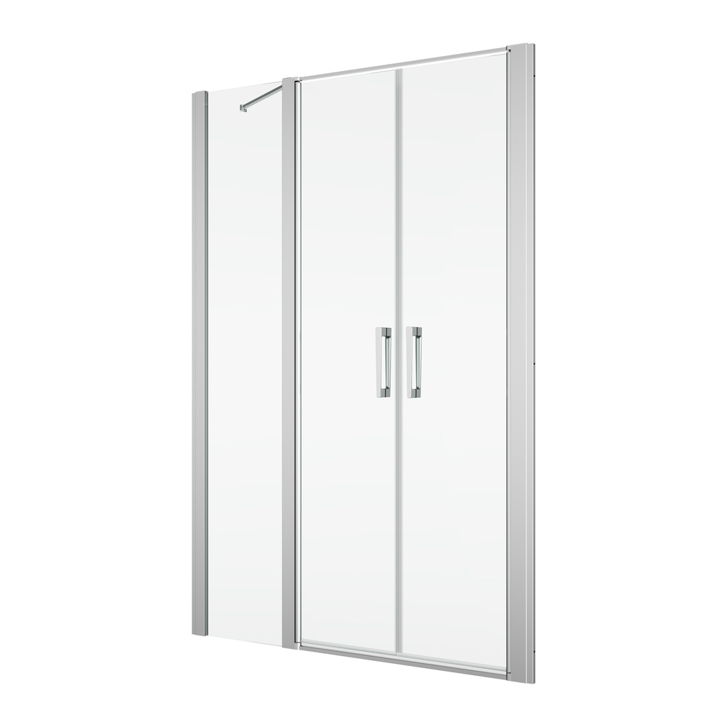 Porte battante (Saloon) DIVERA 140 cm, H 200 cm, largeur d'entrée 80,4 cm, 2 panneaux avec partie fixe, pour niche où cloison latérale, ouverture intérieure et extérieure protection Aquaperle, verre vérit. clair cleaneffect, argent poli-brillant