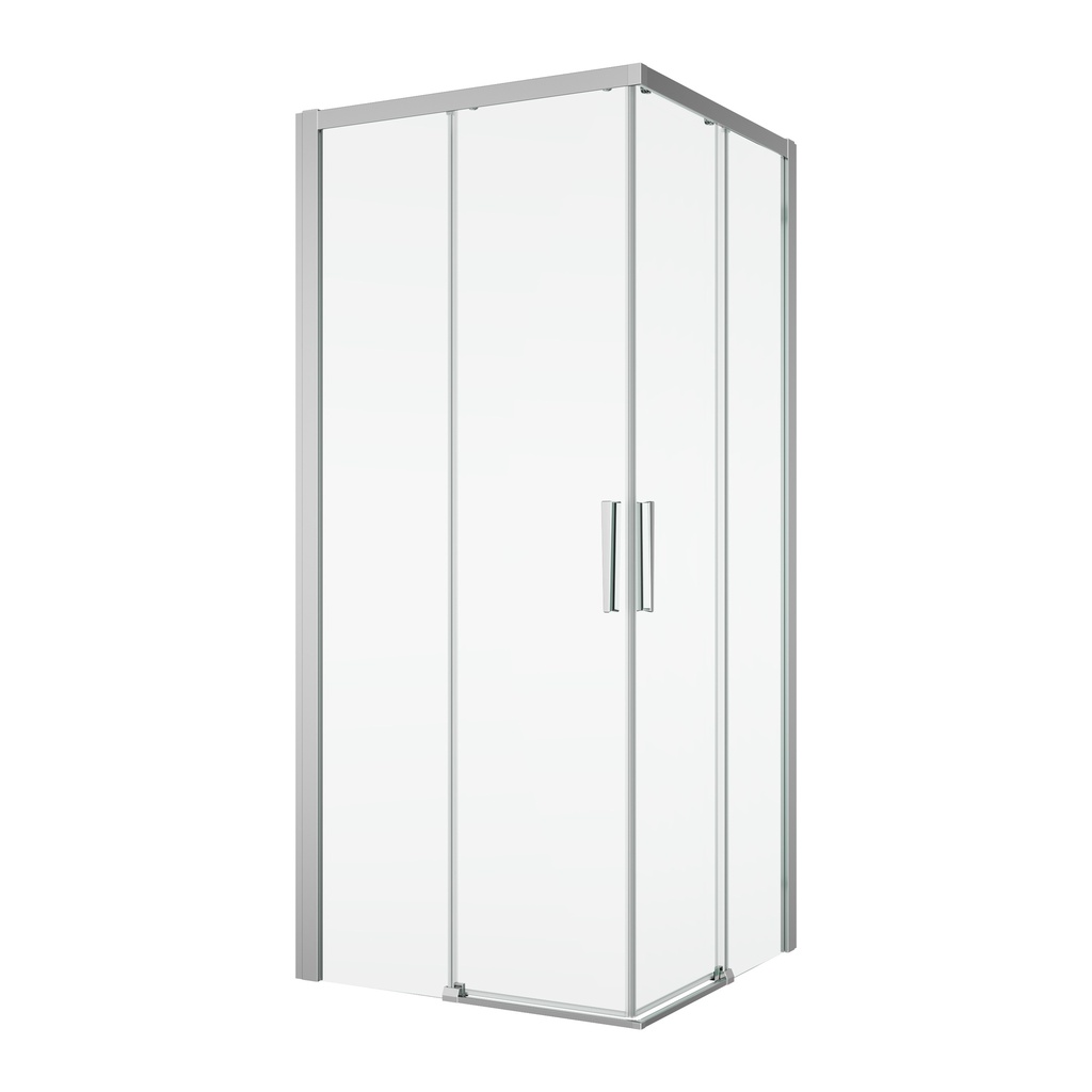 Entrée diagonale DIVERA 80 x 80 cm, H 200 cm 2 portes coulissantes 2 éléments fixes, protection Aquaperle, verre vérit. clair cleaneffect, argent poli-brillant