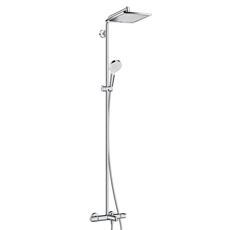 Colonne de douche CALMA E 240, baignoire mélangeur de douche thermostat 1/2", robinet d'arrêt, inverseur, douche de tête, Crometta E 240 1jet 240 x 240 mm, Quick Clean bras de douche orientable douche à main Crometta Vario tuyau de douche Isiflex 160 cm, classe énergie F,  groupe acoustique I, chromé