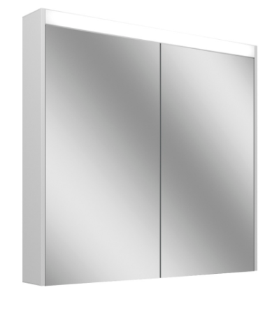 Armoire de toilette OBJECT LINE Comfort LED couleur lum. blanc froid 4000K - 90/2/LED, profil en aluminium, p. montage AP ou UP 89,5 x 70/74,2 x 12 cm prise double en haut à droite ou à gauche, 2 portes à double miroir, 15,5 W, IP44, classe énergétique E, blanc