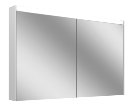 Armoire de toilette OBJECT LINE Comfort LED couleur lum. blanc froid 4000K - 120/2/LED, profil en aluminium, p. montage AP ou UP 119,5 x 70/74,2 x 12 cm prise double en haut à droite ou à gauche, 2 portes à double miroir, 21 W, IP44, classe énergétique E, blanc