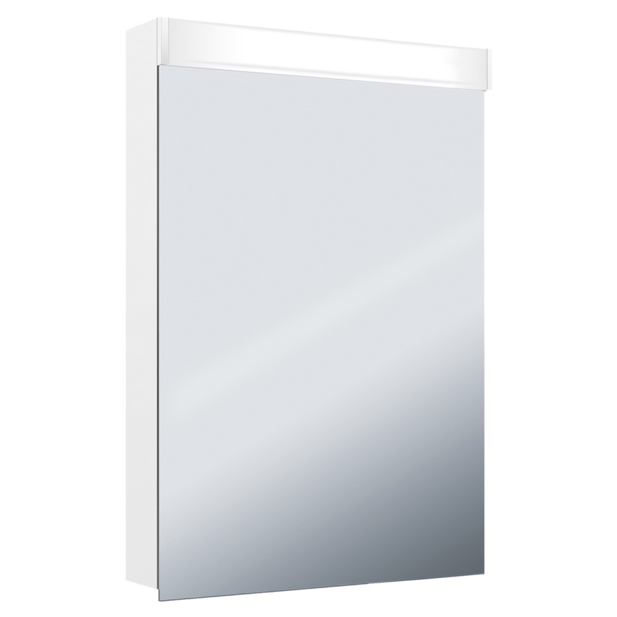 Armoire de toilette Keller Puro 2.0 LED profil en aluminium porte à double miroir charnière à gauche éclairage LED, vers l'avant et le haut, indirect vers le bas, 10,1 W prise double à l'intérieur en bas en face de la bande, IP 24 2 étagères en verre clair réglables montage en saillie ou encastré, éclairage du bas de caisse classe d'efficacité énergétique D largeur 60 cm hauteur 75,3 cm profondeur 14,1 cm, Blanc