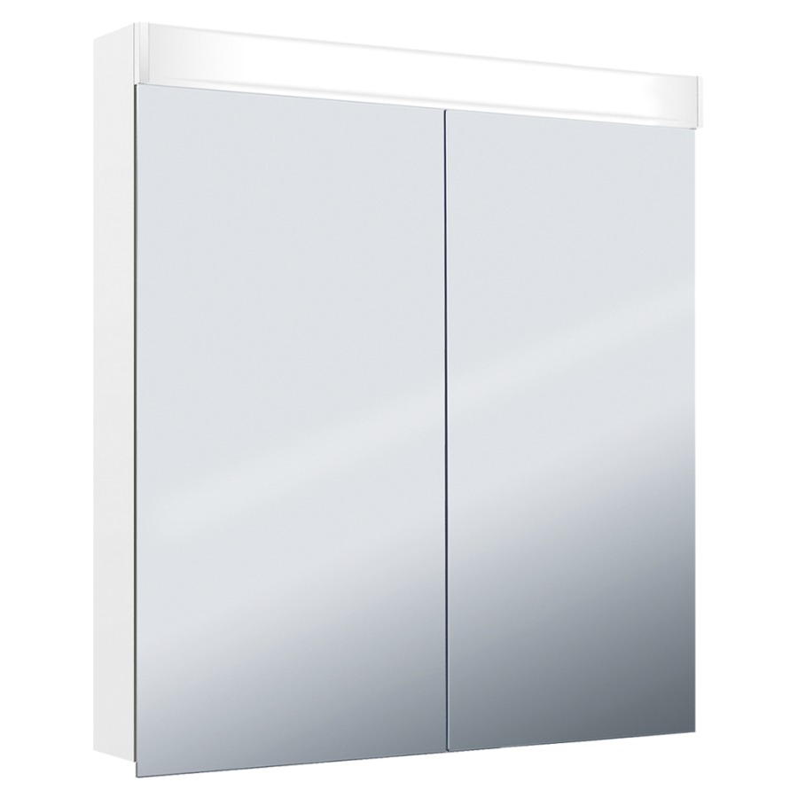 Armoire de toilette Keller Puro 2.0 LED profil en aluminium 2 portes à double miroir éclairage LED, vers l'avant et le haut, indirect vers le bas, 14,4 W prise double à l'intérieur en bas de la cloison dans le compartiment à droite, IP 24 2 étagères en verre clair réglables par compartiment montage en saillie ou encastré, éclairage du bas de caisse classe d'efficacité énergétique D largeur 80 cm hauteur 75,3 cm profondeur 14,1 cm, Couleur d'argent