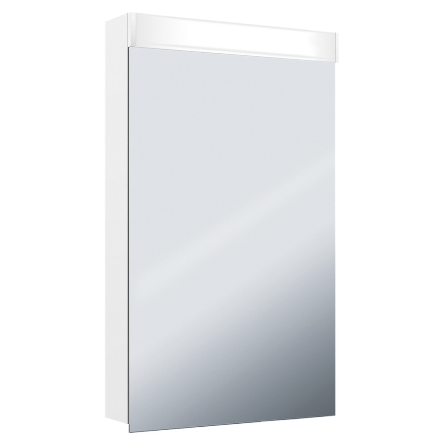 Armoire de toilette Keller Puro 2.0 LED profil en aluminium porte à double miroir charnière à droite éclairage LED, vers l'avant et le haut, indirect vers le bas, 8,6 W prise double à l'intérieur en bas en face de la bande, IP 24 2 étagères en verre clair réglables montage en saillie ou encastré, éclairage du bas de caisse classe d'efficacité énergétique D largeur 50 cm hauteur 75,3 cm profondeur 14,1 cm, Blanc