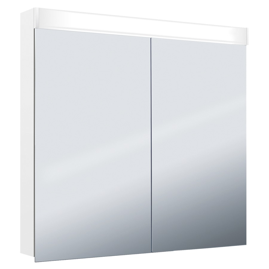 Armoire de toilette Keller Puro 2.0 LED profil en aluminium 2 portes à double miroir éclairage LED, vers l'avant et le haut, indirect vers le bas, 15,8 W prise double à l'intérieur en bas de la cloison dans le compartiment à droite, IP 24 2 étagères en verre clair réglables par compartiment montage en saillie ou encastré, éclairage du bas de caisse classe d'efficacité énergétique D largeur 90 cm hauteur 75,3 cm profondeur 14,1 cm, Couleur d'argent