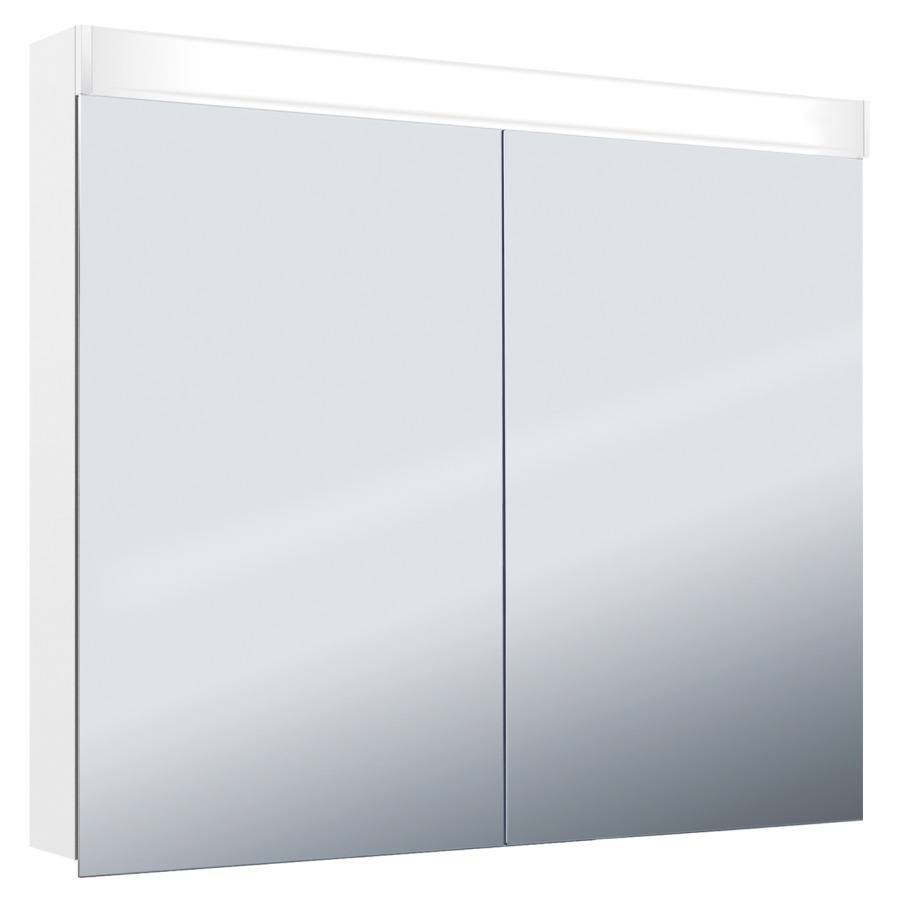 Armoire de toilette Keller Puro 2.0 LED profil en aluminium 2 portes à double miroir éclairage LED, vers l'avant et le haut, indirect vers le bas, 17,3 W prise double à l'intérieur en bas de la cloison dans le compartiment à droite, IP 24 2 étagères en verre clair réglables par compartiment montage en saillie ou encastré, éclairage du bas de caisse classe d'efficacité énergétique D largeur 100 cm hauteur 75,3 cm profondeur 14,1 cm, Blanc