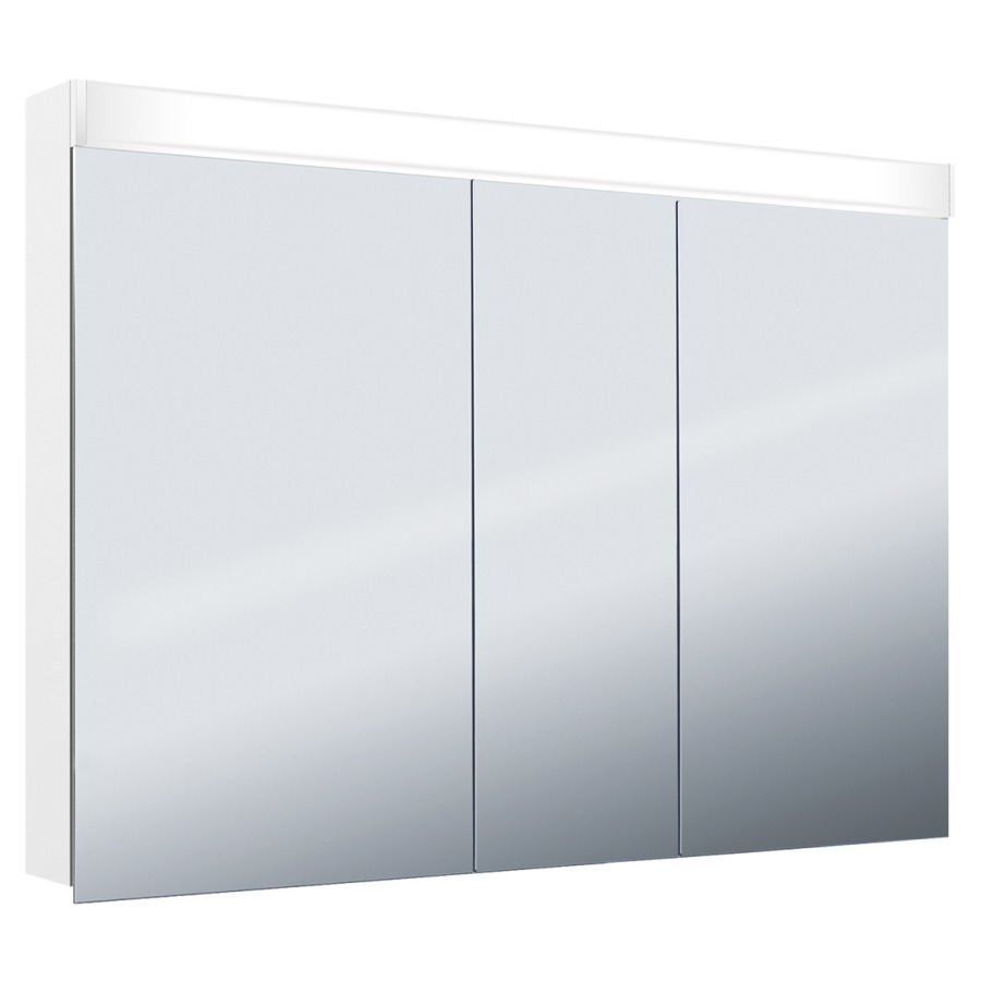 Armoire de toilette Keller Puro 2.0 LED profil en aluminium 3 portes à double miroir 50/30/50, éclairage LED vers l'avant et le haut indirect vers le bas, 23 W prise double à l'intérieur en bas de la cloison dans le compartiment à droite, IP 24 2 étagères en verre clair réglables par compartiment montage en saillie ou encastré, éclairage du bas de caisse classe d'efficacité énergétique D largeur 130 cm hauteur 75,3 cm profondeur 14,1 cm, Blanc