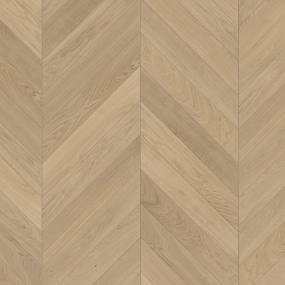Parquet 3plis Trendtime 10 Chevron 45° (point de Hongrie) - Natur- chêne vernis mat blanc - 1 frise monol.mini-chf-610x90x15mm-CU: 3.5mm - raine-crêté - 0.878 m2/cart. - 42.163m2/palette - 8.69 kg/m2