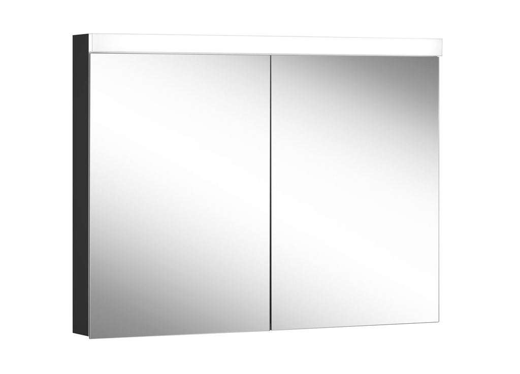 Armoire de toilette LOWLINE PLUS LED, LOP 100/2/LED profil en aluminium 100 x 70/74,8 x 12 cm pour montage AP ou UP prises double en bas à gauche et à droite sur le profil latéral, 2 portes à double miroir, LED 2 x 21w, dessus et dessous séparément commutable et dimmable, IP44, couleur lum. blanc froid 4000K, côtés armoire NOIR mat