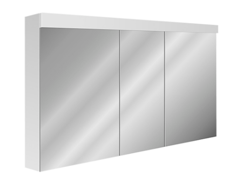 Armoire de toilette Avona Novo 130 x 71,2 x 13,4/14,2 cm profil en aluminium 3 portes à double miroir 50/30/50, porte centrale charnières à gauche 2 prises double en haut LED 34 W, Lumen en haut 4125 IP24, couleur lum. blanc froid 4000K, classe énergétique D, blanc