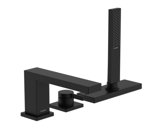 Garniture de remplissage TECTURIS E 3 trous, goulot pour gorge de baignoire S 206 mm, mélangeur douche à main jet PowderRain set final pour montage sur gorge de baignoire, sans corps à encastrer 757 058, noir mat