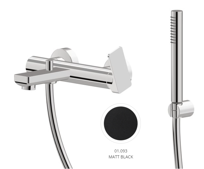 [1621H0963] Mélangeur de bain complet B-EASY E 150 mm, avec raccords excentriques 1/2 x 3/4, flexible 150 cm et douche à main et support douchette, noir mat