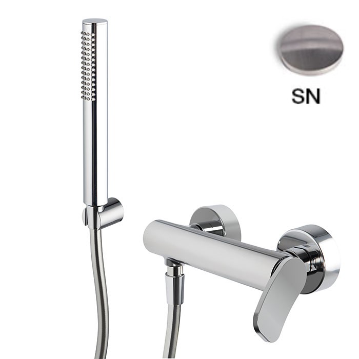 [1621C2155] Mélangeur de douche FLO - E 150 mm, avec deux raccords réglables Ballofix 1/2" - 1/2, Flexible chromalux 1500 mm, support douchette et douchette à main, SN Nickel Brossé