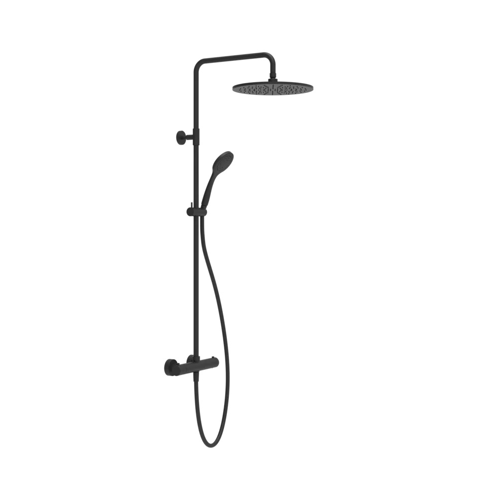 [1621C2197] Colonne de douche EMPORIO SHOWER thermostatique, EC 150, raccords excentrique 1/2"x1/2", douche de pluie diam. 300mm, inverseur automatique, support orientable sur barre de douche, flexible 150 cm et douchette à main diam. 100 mm anticalcaire, groupe acoustique II, débit 12 l/min, 299 Noir XL