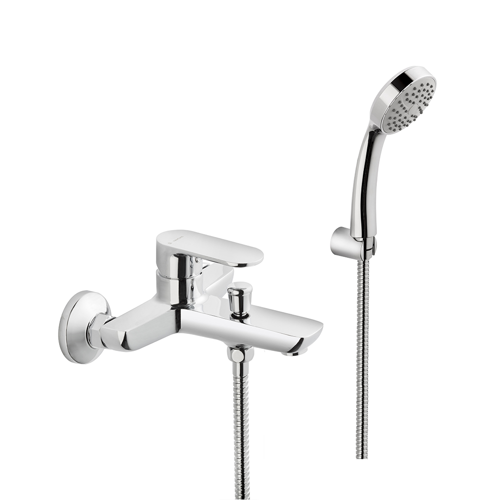 Mélangeur de bain complet EXTRO, E 150 mm, avec raccords excentriques 1/2 x 3/4, flexible 150 cm et douche à main, chromé, support douchette