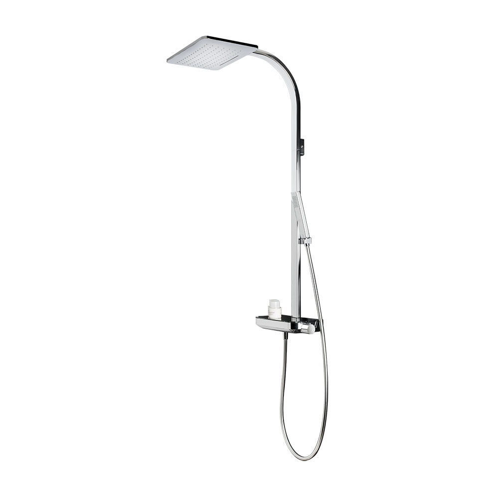 Colonne de douche DOCCIA thermostatique, E 150 mm, tête de douche dim. 240x360 mm avec jet pluie et cascade, support douchette fixe non réglable, avec tablette verre noir, avec raccords 1/2" x 1/2", chromé