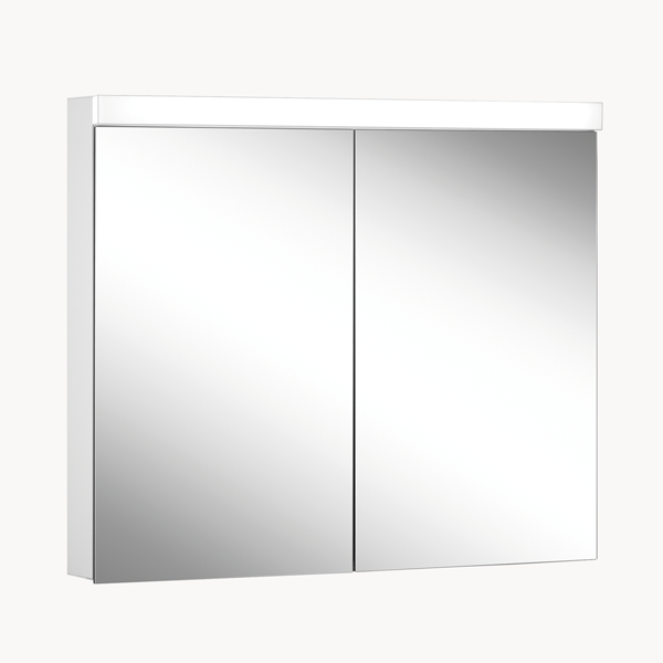 Armoire de toilette LOWLINE BASIC FL, LOB 90/2/FL profil en aluminium 90 x 70/74,8 x 12 cm pour montage AP ou UP prise double en haut à droite ou à gauche, 2 portes à double miroir, FL 39W, EVG, IP44, standard, blanc