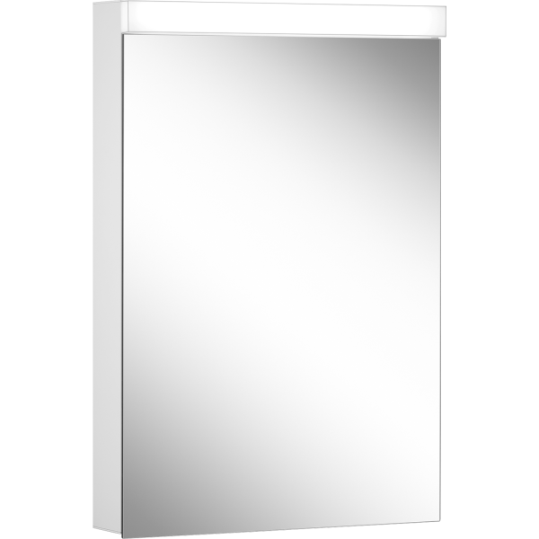 Armoire de toilette LOWLINE LED, LOB 50/1/LED profil en aluminium 50 x 70/74,8 x 12 cm pour montage AP ou UP prise double en haut à droite ou à gauche, 1 porte à double miroir charnières à droite ou à gauche, LED 10W, IP44, couleur lum. blanc froid 4000K, blanc