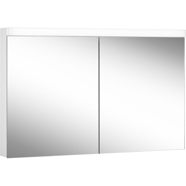 Armoire de toilette LOWLINE LED, LOB 120/2/LED profil en aluminium 120 x 70/74,8 x 12 cm pour montage AP ou UP prise double en haut à droite ou à gauche, 2 portes à double miroir, LED 25W, IP44, couleur lum. blanc froid 4000K, blanc