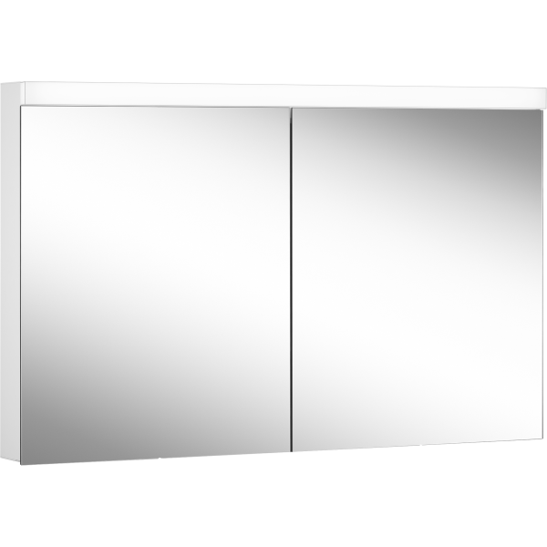 Armoire de toilette LOWLINE PLUS LED, LOP 120/2/LED profil en aluminium 120 x 70/74,8 x 12 cm pour montage AP ou UP prises double à la partition en bas, 2 portes à double miroir, LED 2 x 25W dessus et dessous séparément commutable et dimmable, IP44, couleur lum. blanc froid 4000K, blanc