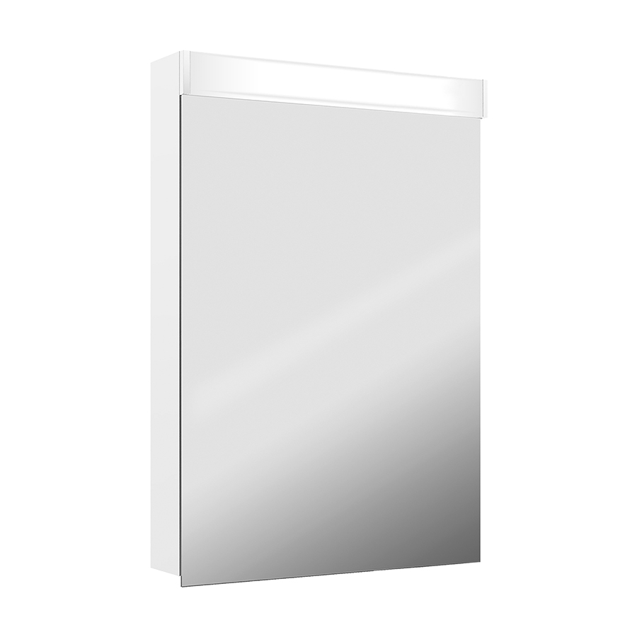 Armoire de toilette PURO LED 60 x 76,5 x 12,5 cm profil en aluminium, prise double en haut changeable 1 porte à double miroir charnières à gauche ou à droite, éclairage LED 1815 Lumen, 4000K, IP24, blanc