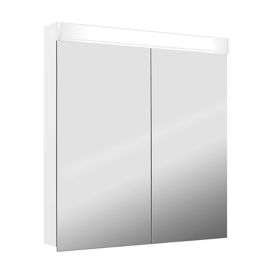 Armoire de toilette PURO LED 80 x 76,5 x 12,5 cm profil en aluminium, prise double en haut dans le boîte gauche, changeable, 2 portes à double miroir (40/40) éclairage LED 2270 Lumen 4000K, IP24, blanc