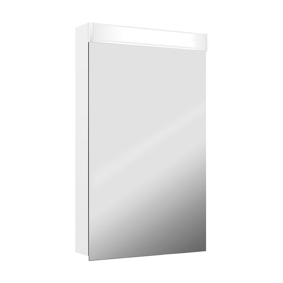 Armoire de toilette PURO LED 50 x 76,5 x 12,5 cm profil en aluminium, prise double en haut changeable 1 porte à double miroir charnières à gauche ou à droite, éclairage LED 1373 Lumen, 4000K, IP24, blanc