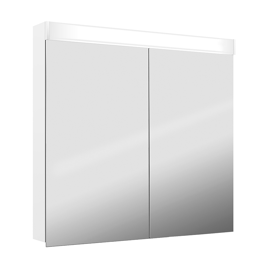 Armoire de toilette PURO LED 90 x 76,5 x 12,5 cm profil en aluminium, prise double en haut dans le boîte gauche, changeable, 2 portes à double miroir (45/45) éclairage LED 2733 Lumen 4000K, IP24, blanc