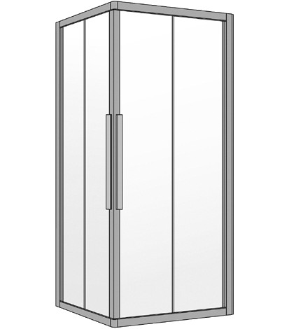 Entrée diagonale S400 88-90 x 88-90 cm, H 200 cm portes coulissantes 2 panneaux, verre véritable clair, couleur d'argent mat