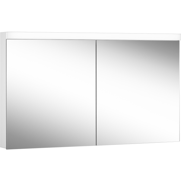 Armoire de toilette LOWLINE PLUS LED, LOP 130/2/LED profil en aluminium 130 x 70/74,8 x 12 cm pour montage AP ou UP prises double à la partition en bas, 2 portes à double miroir, LED 2 x 28W dessus et dessous séparément commutable et dimmable, IP44, couleur lum. blanc chaud 3000K, blanc