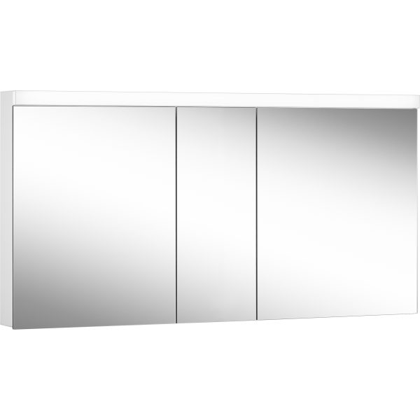 Armoire de toilette LOWLINE PLUS LED, LOP 150/3/LED profil en aluminium 150 x 70/74,8 x 12 cm pour montage AP ou UP prises double à la partition en bas, 3 portes à double miroir (60/30/60), LED 2 x 32W dessus et dessous séparément commutable et dimmable, IP44, couleur lum. blanc chaud 3000K, blanc