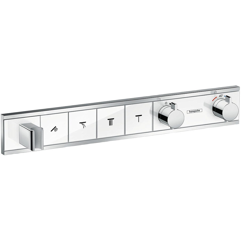 Module Thermostat RAINSELECT UP, set de montage final thermostat avec robinet d'arrêt et Select-Button pour la commande de 4 sorties support de douche, débit 26 l/min, sans corps à encastrer Nr. 15312180, groupe acoustique II, blanc / chromé