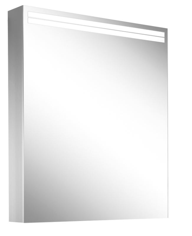 Armoire de toil. ARANGALINE TW 60 x 70 x 12 cm profil en aluminium pour montage AP ou UP, prises double en haut à droite ou à gauche, porte à double miroir charnières à droite, LED dimmable, en haut et en bas 13 W, dessus et dessous séparément commutable 2000-6500 K, bouton pour les fonctions à l'intérieur du profilé latéral, miroir grossissant IP44, charnières à droite, argent éloxé