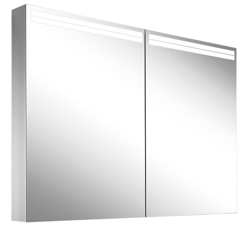 Armoire de toilette ARANGALINE TW 100 x 70 x 12 cm profil en aluminium pour montage AP ou UP, prises double en haut à droite ou à gauche, prise double en bas à la paroi intérmédiaire à droite, 2 portes à double miroir, LED dimmable, en haut et en bas 22 W, dessus et dessous séparément commutable 2000-6500 K, bouton pour les fonctions à l'intérieur du profilé latéral, miroir grossissant IP44, argent éloxé