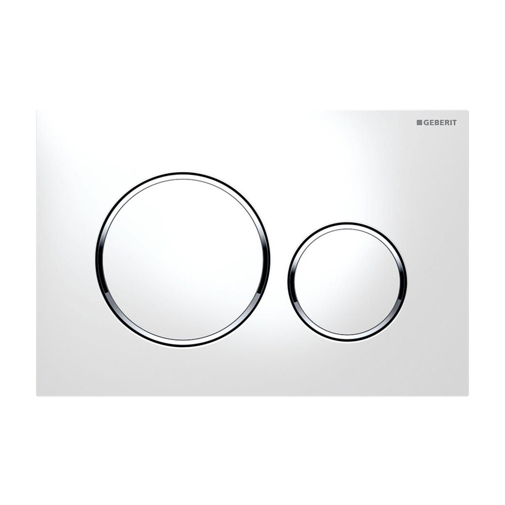 Plaque de déclenchement GEBERIT® SIGMA20 
commande à deux quantités par devant, 
pour chasse d’eau à encastrer Sigma, 
Plaque et touches blanc brillant - anneaux chromé brillant