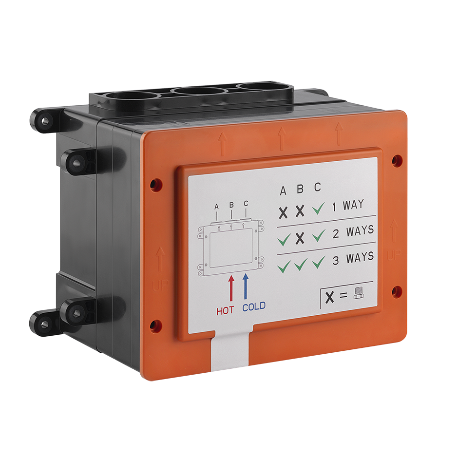 Corps à encastrer Gessi ½" pour module thermostatique Gessi HI-FI Compact Bain/Douche de 1 à 3 sorties, Nr. 63002/63004/63006, Montage horizontal, Profondeur de montage de 79 à 104 mm, Groupe acoustique II