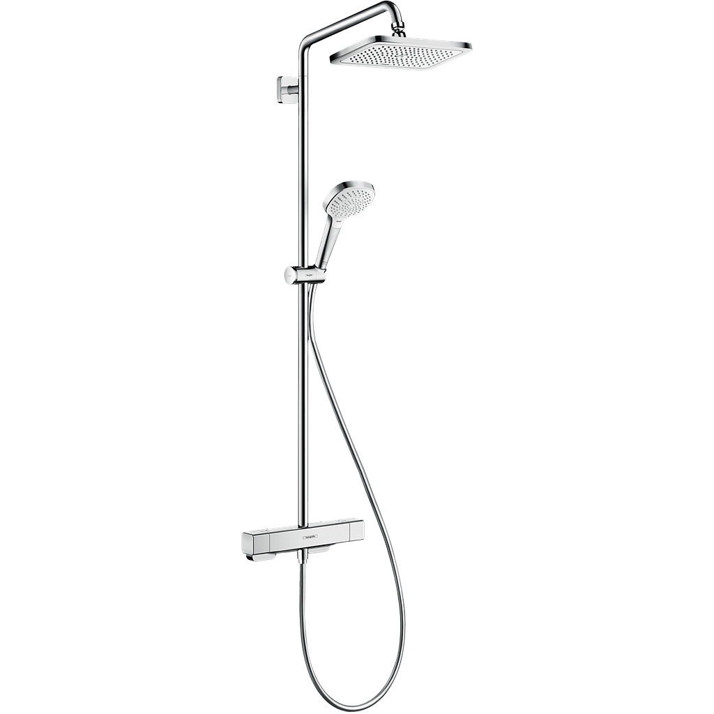 Colonne de douche CROMA E 280 1jet, RainAir E 138-162 mm, thermostat Ecostat E, douche de tête Croma E 280 x 170 mm, douche à main Croma Select E Multi tuyau de douche Isiflex, CoolContact sur le thermostat - empêche le boîtier de chauffer, rendant la douche encore plus sûre, Classe énergie E, groupe acoustique NT, chromé