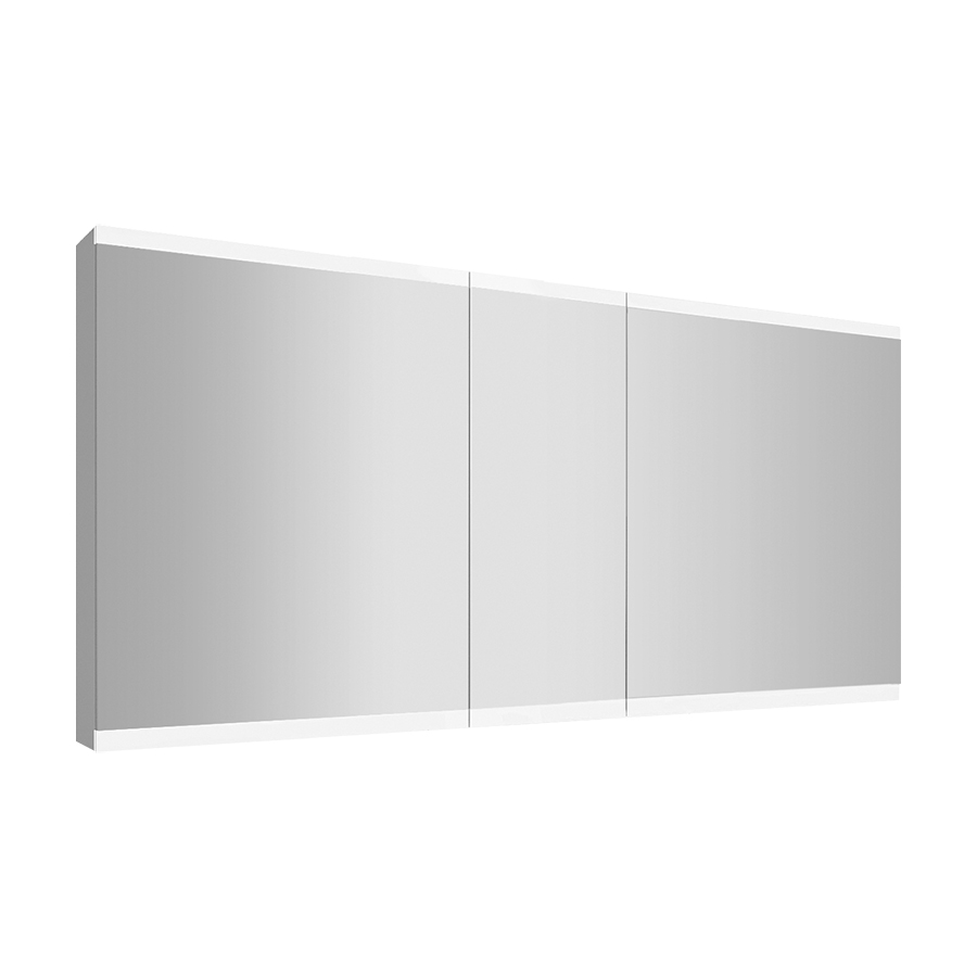 Armoire de toilette METRUM 150 x 71,7 x 13,6 cm profil en aluminium, 2 prises double en bas à droite et à gauche, 3 portes à double miroir (60/30/60), éclairage LED, 7888 Lumen, IP24, standard, blanc