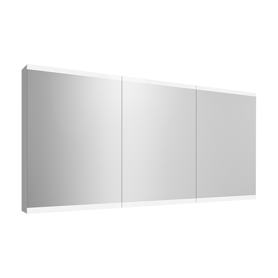 Armoire de toilette METRUM 150 x 71,7 x 13,6 cm profil en aluminium, 2 prises double en bas à droite et à gauche, 3 portes à double miroir (50/50/50), éclairage LED, 7888 Lumen, IP24, standard, blanc