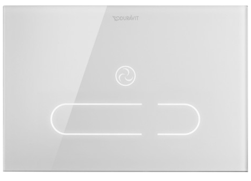 [1626C0022] Plaque déclenchement frontal, DuraSystem® A2, automatique du rinçage, par détection infrarouge, sans contact, sans touches mécaniques, éclairage des touches activé dès approche utilisateur, déclenchement rinçage possible par contact ou sans contact, pour montage en applique, mécanisme de rinçage double touche, fonctionnement à basse tension : 24 V DC SELV, type de protection IP X4, classe de protection III, avec connecteurs non interchangeables, Fonctionnalités, système d'aspiration d'odeurs, capteur infrarouge de proximité, rinçage hygiénique, rinçage automatique, fonction nettoyage, veilleuse de nuit, fonction de blocage, alimentation de secours, fonctions réglables via la télécommande , Contenu de la livraison, cadre de montage, accessoires de montage, plaque frontale verre blanc (1 seule couleur disponible) (Starck F)