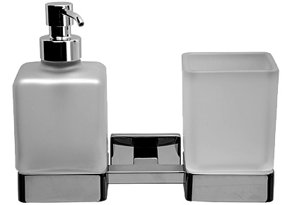 [1690C0820] Support double NEW LEA 1800, avec verre et distributeur de savon en verre satiné, Nickel brossé