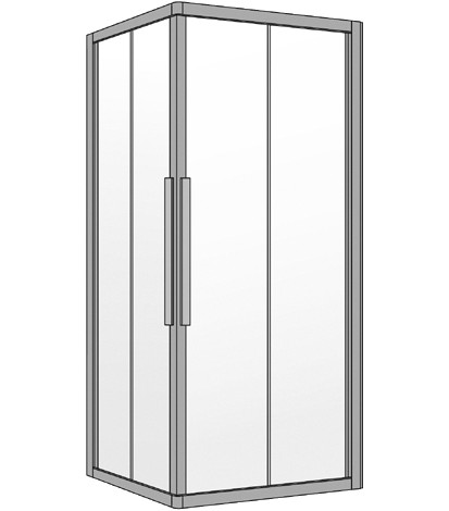 [1613H0313] Entrée diagonale S400 78-80 x 78-80 cm, H 200 cm portes coulissantes 2 panneaux, verre véritable clair, couleur d'argent mat