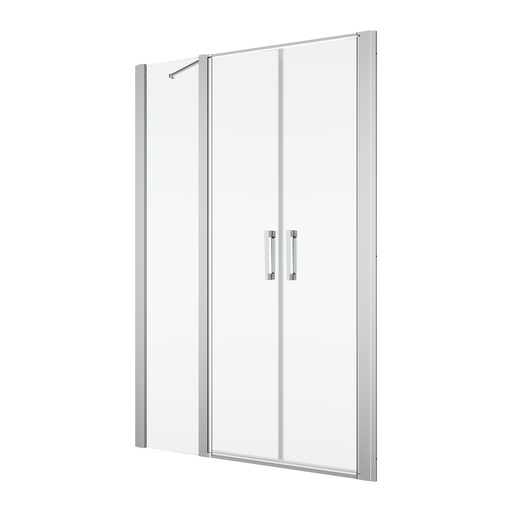 [1613M0435] Porte battante (Saloon) DIVERA 140 cm, H 200 cm, largeur d'entrée 80,4 cm, 2 panneaux avec partie fixe, pour niche où cloison latérale, ouverture intérieure et extérieure protection Aquaperle, verre vérit. clair cleaneffect, argent poli-brillant