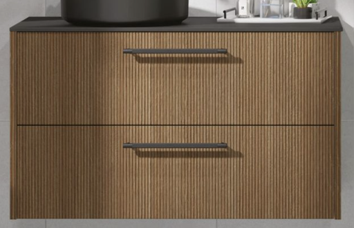 [16GEN12193] Meuble avec décor strié STRIATO - L601 x H512 x P458 mm - 2 tiroirs - Avec découpe siphon - Finition mélaminé - chêne strié cuivré - couleur poignée noir mat