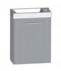 [16GEN14861] Ensemble meuble-vasque Léa, lave mains blanc brillant sans trop plein, livré avec bonde de vidage à écoulement libre chromé, trou pour robinetterie sur le coté de la vasque au centre, meuble charnière à gauche, avec poignée visible, dimension de l’ensemble, Larg. 40.5 x H. 56.2 x P. 22.0 cm, effet bois, finition A, couleur à choix