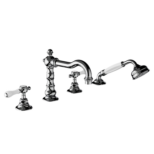 [16GEN14913] Julia Victoria mélangeur bain-douche 4 trous sur gorge, bec fixe, alimentation 1/2" avec raccords, flexible inverseur sur le bec, coloris doré brillant