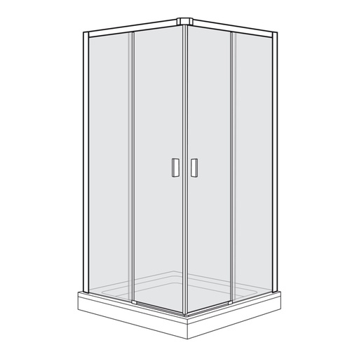 [1613N0092] Entrée diagonale ALLEGRA 3 90x90 cm, H 200 cm, 2 portes coulissantes 2 éléments fixes, poignées chromé brillant, verre véritable clair, argent mat