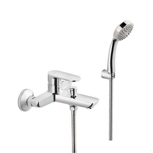 [1621M0125] Mélangeur de bain complet EXTRO, E 150 mm, avec raccords excentriques 1/2 x 3/4, flexible 150 cm et douche à main, chromé, support douchette